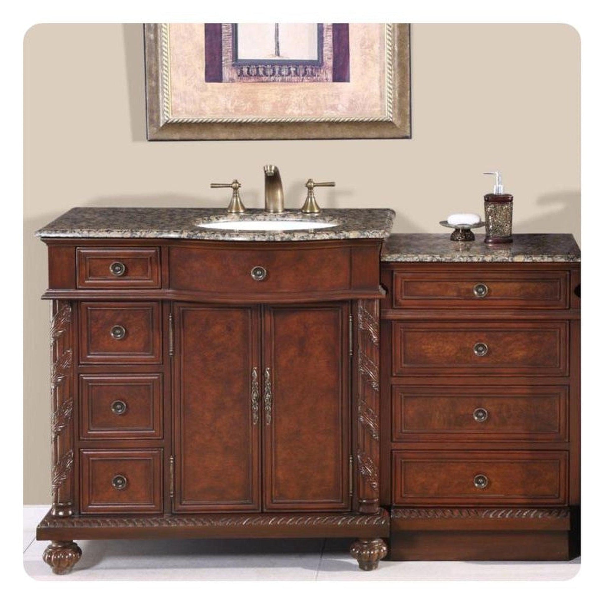 Silkroad Exclusive 56" Single Right Side Sink English Chestnut Modular Bathroom Vanity With Baltic Brown Granite, White Ceramic Undermount Sink and Drawer Bank Cabinet