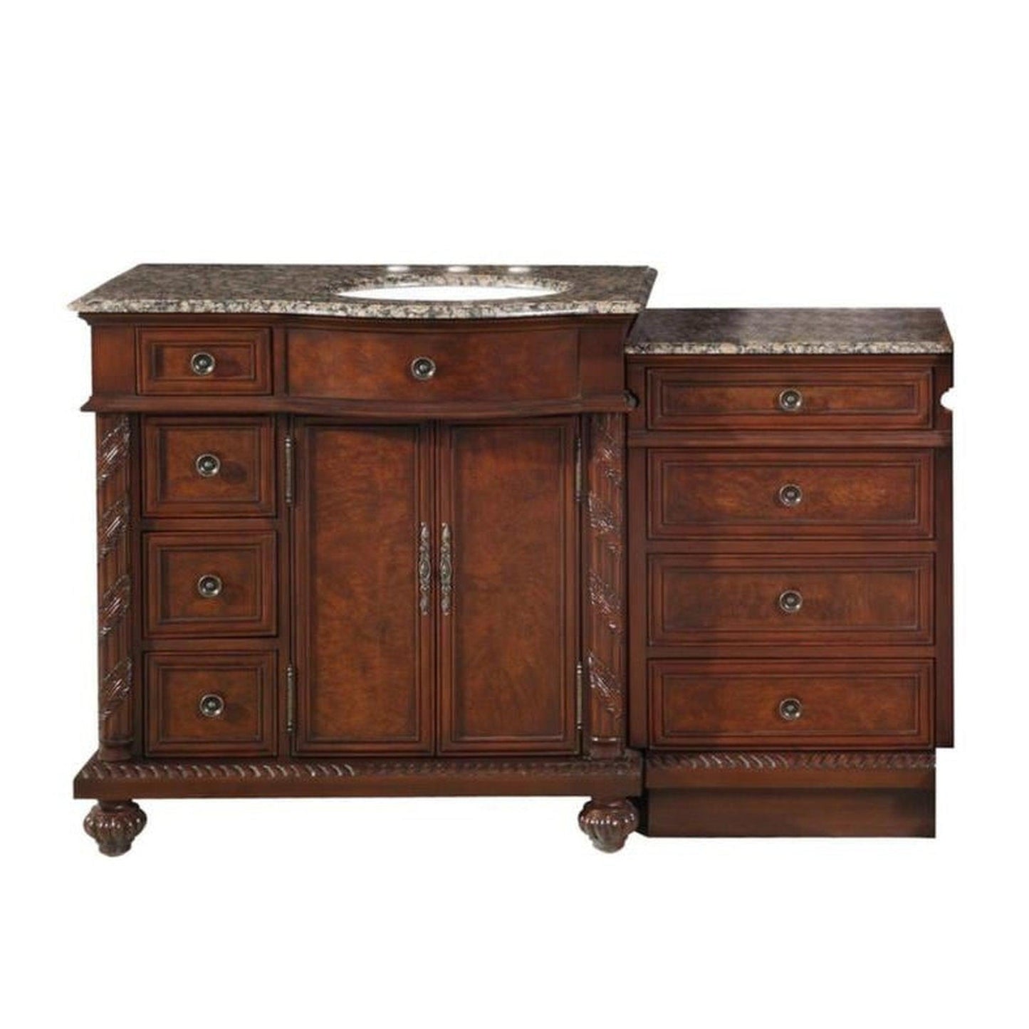 Silkroad Exclusive 56" Single Right Side Sink English Chestnut Modular Bathroom Vanity With Baltic Brown Granite, White Ceramic Undermount Sink and Drawer Bank Cabinet