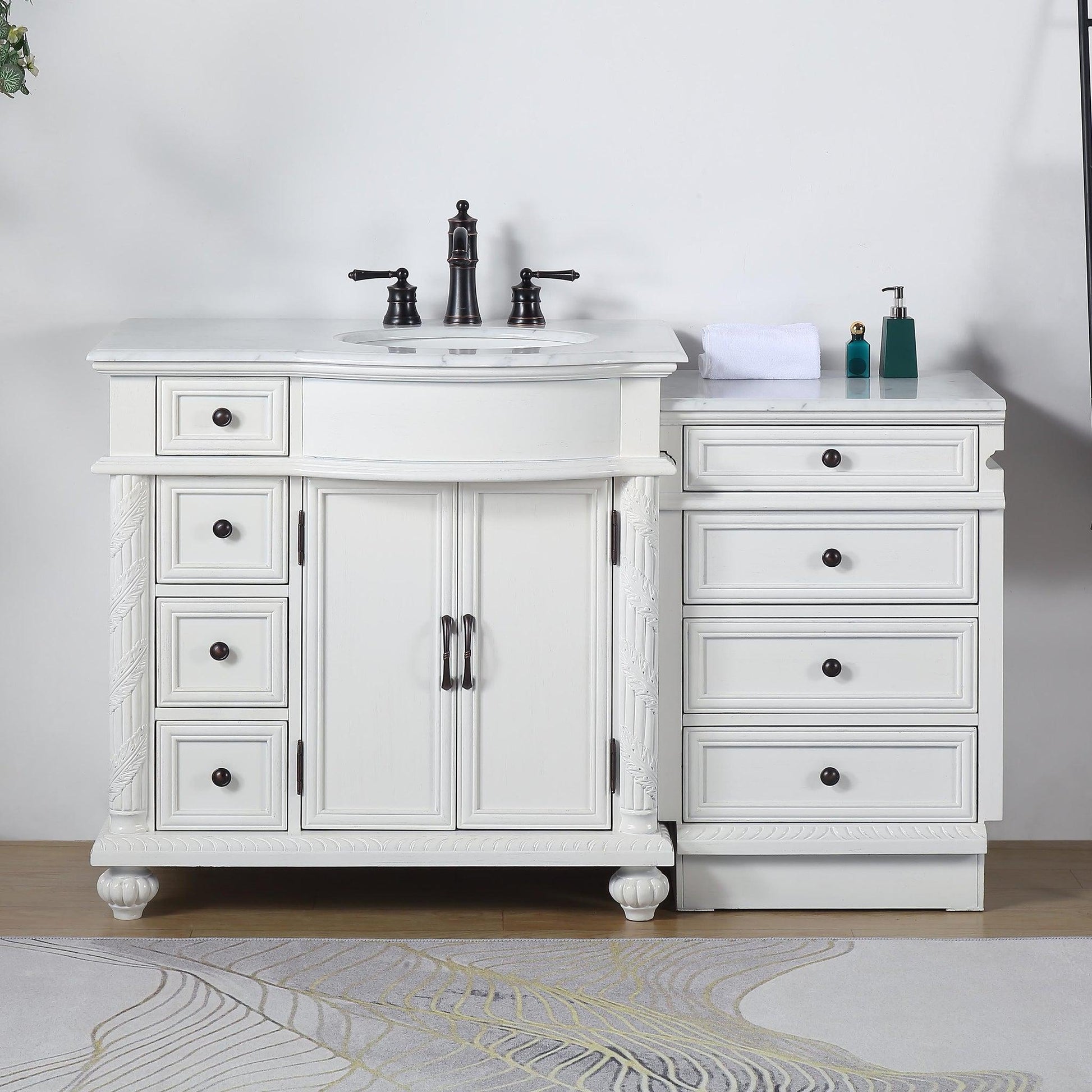 Silkroad Exclusive 56" Single Right Sink Antique White Modular Bathroom Vanity With Carrara White Marble Countertop and White Ceramic Undermount Sink