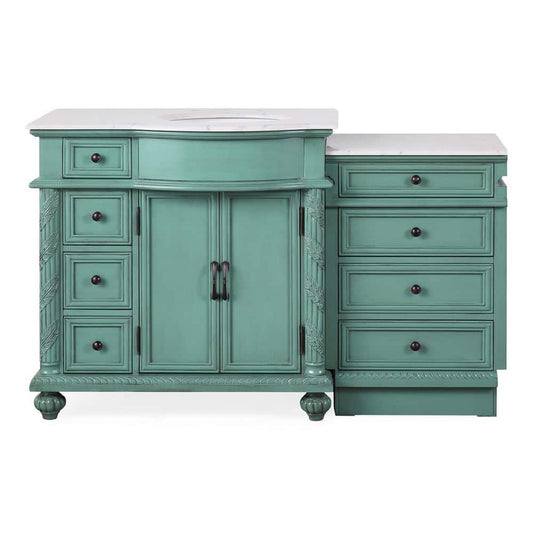 Silkroad Exclusive 56" Single Right Sink Vintage Green Modular Bathroom Vanity With Carrara White Marble Countertop and White Ceramic Undermount Sink