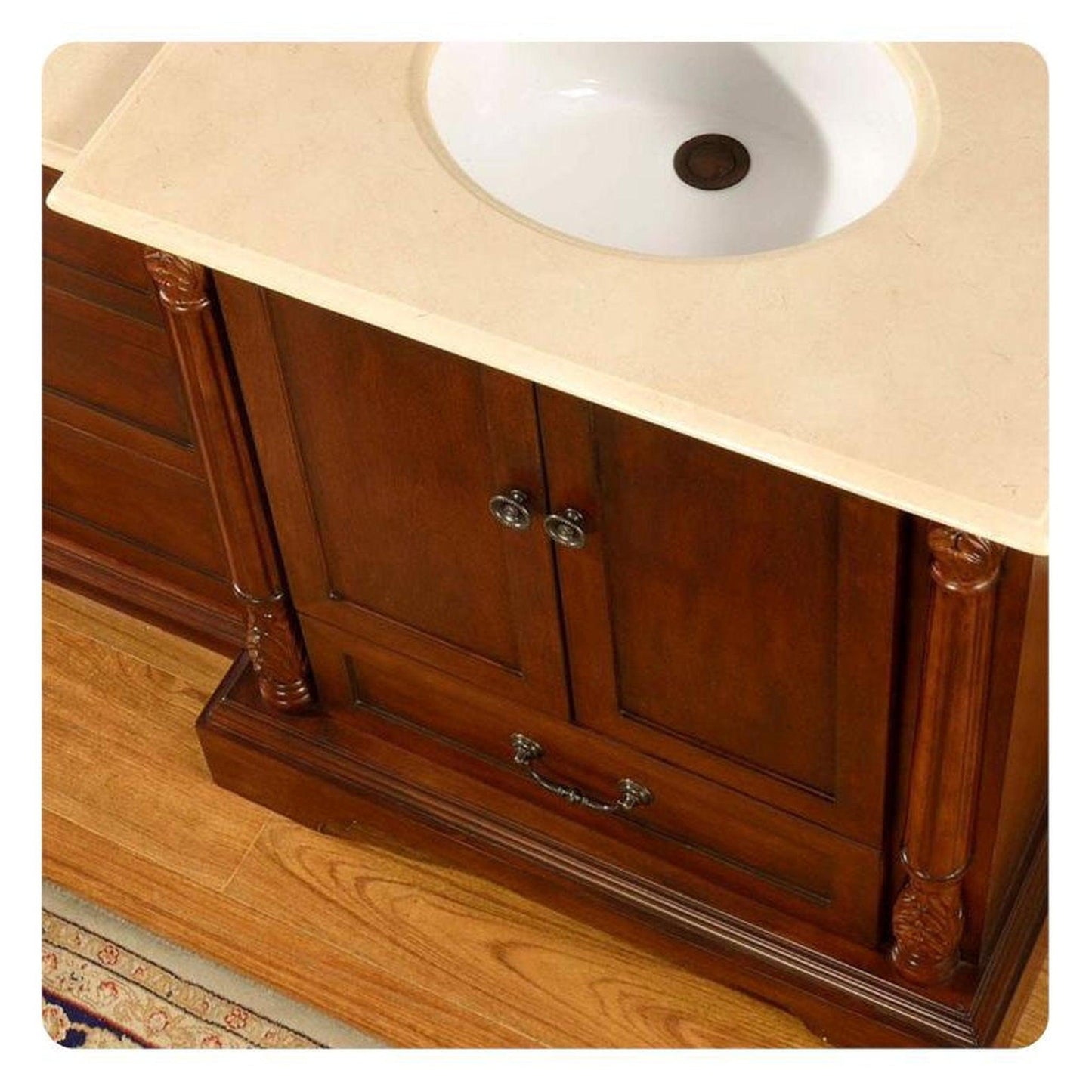 Silkroad Exclusive 56" Single Sink Walnut Modular Bathroom Vanity With Crema Marfil Marble Countertop and White Ceramic Undermount Sink