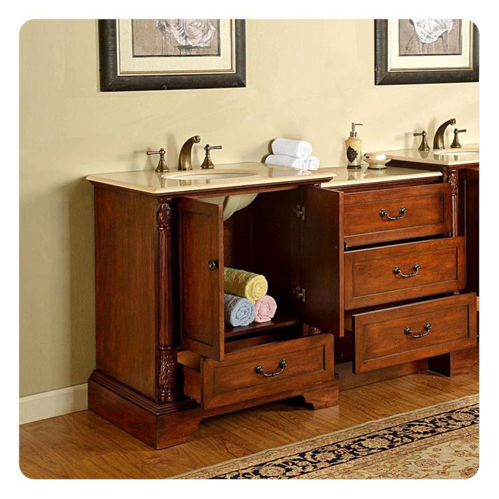 Silkroad Exclusive 56" Single Sink Walnut Modular Bathroom Vanity With Crema Marfil Marble Countertop and White Ceramic Undermount Sink