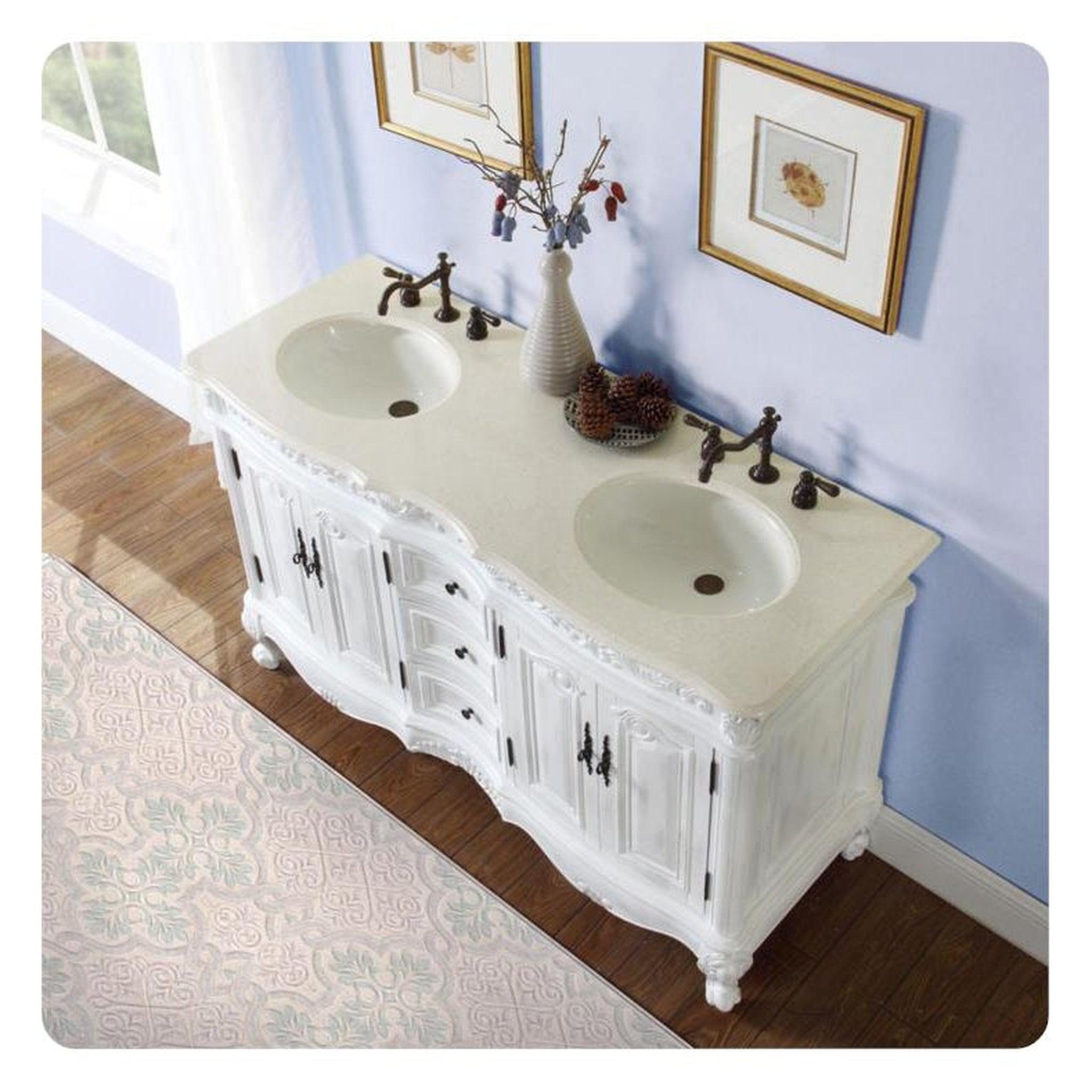 Silkroad Exclusive 58" Double Sink Antique White Bathroom Vanity With