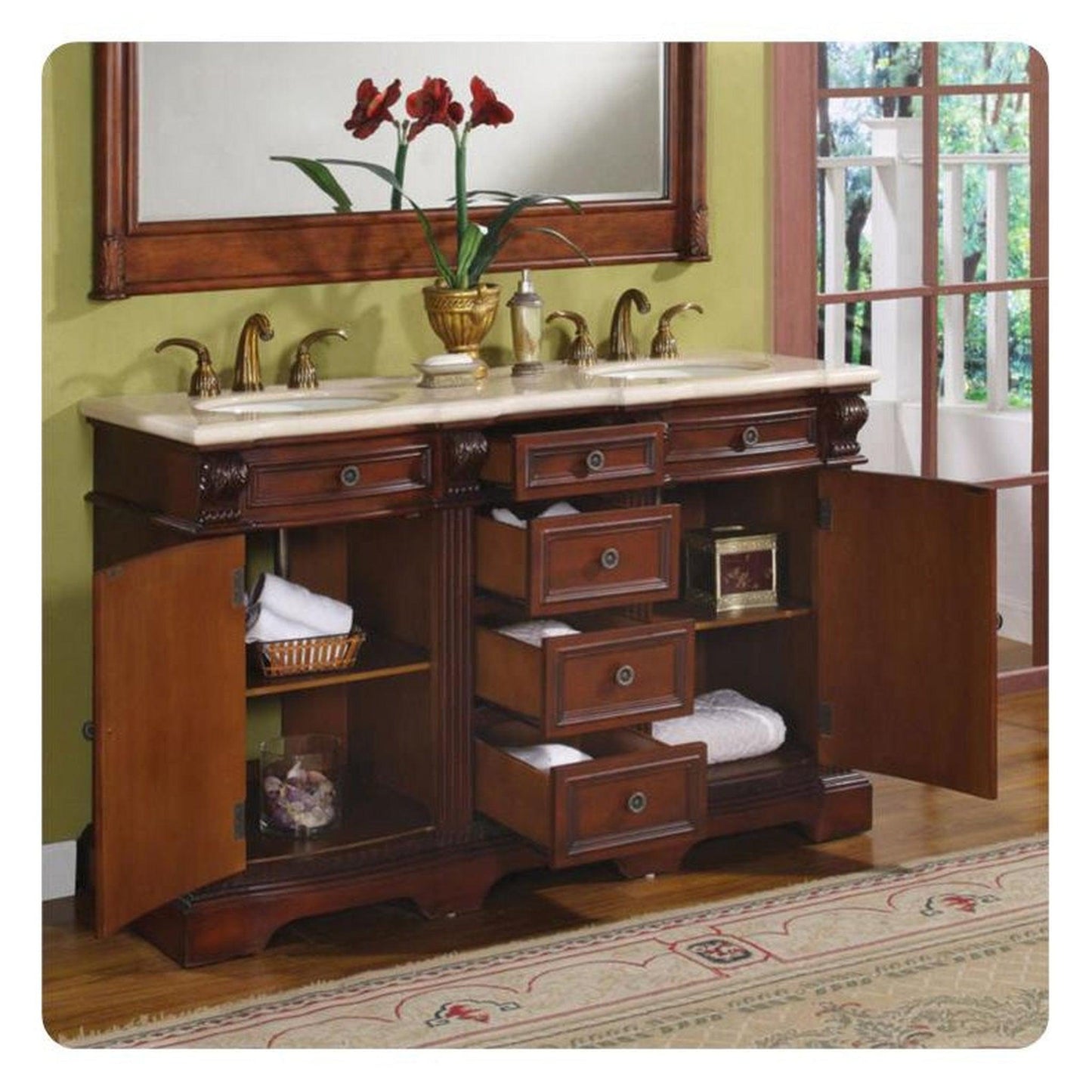 Silkroad Exclusive 58" Double Sink Brazilian Rosewood Bathroom Vanity With Crema Marfil Marble Countertop and White Ceramic Undermount Sink