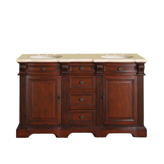 Silkroad Exclusive 58" Double Sink Brazilian Rosewood Bathroom Vanity With Crema Marfil Marble Countertop and White Ceramic Undermount Sink