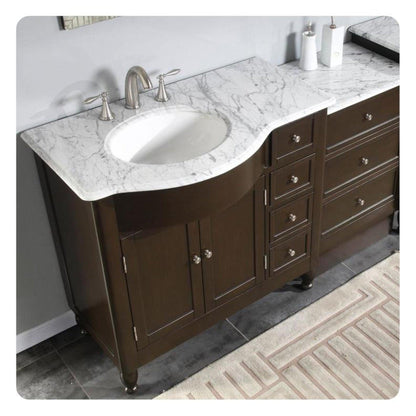 Silkroad Exclusive 58" Single Left Sink Dark Walnut Bathroom Modular Vanity With Carrara White Marble Countertop and White Ceramic Undermount Sink