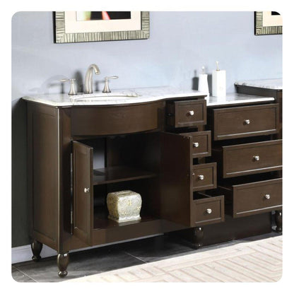 Silkroad Exclusive 58" Single Left Sink Dark Walnut Bathroom Modular Vanity With Carrara White Marble Countertop and White Ceramic Undermount Sink