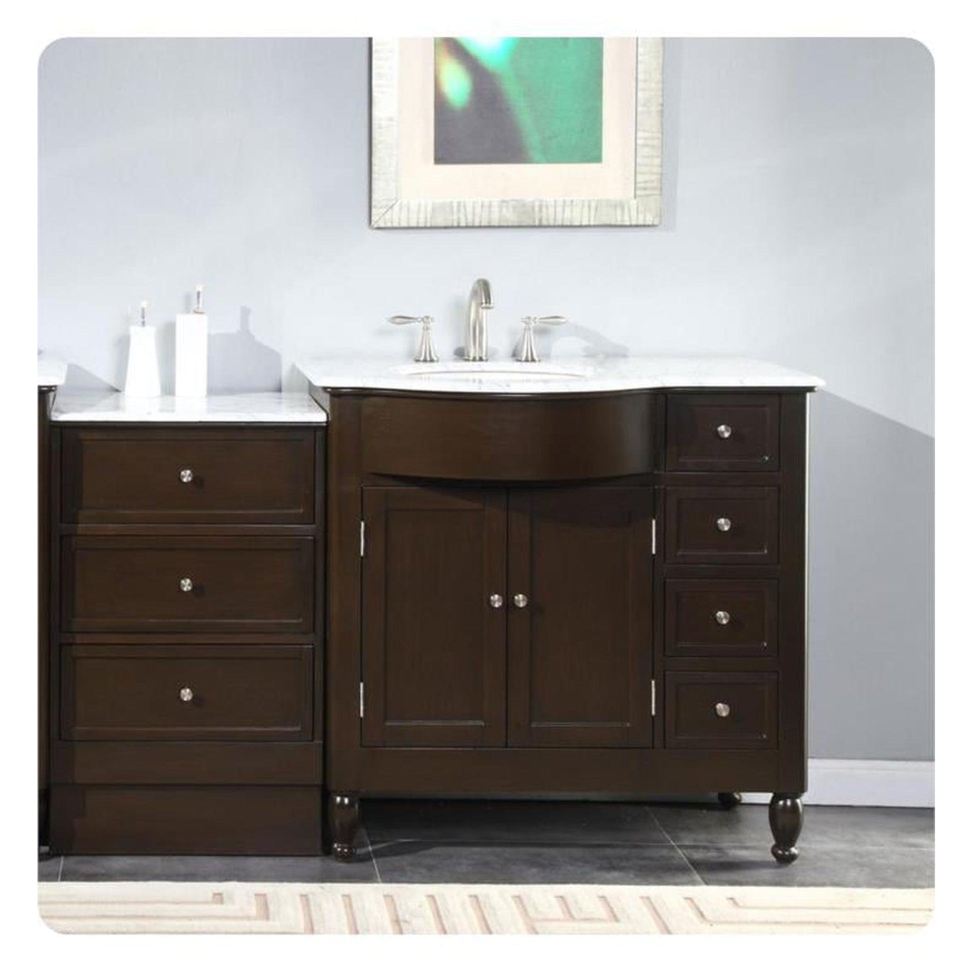 Silkroad Exclusive 58" Single Left Sink Dark Walnut Bathroom Modular Vanity With Carrara White Marble Countertop and White Ceramic Undermount Sink