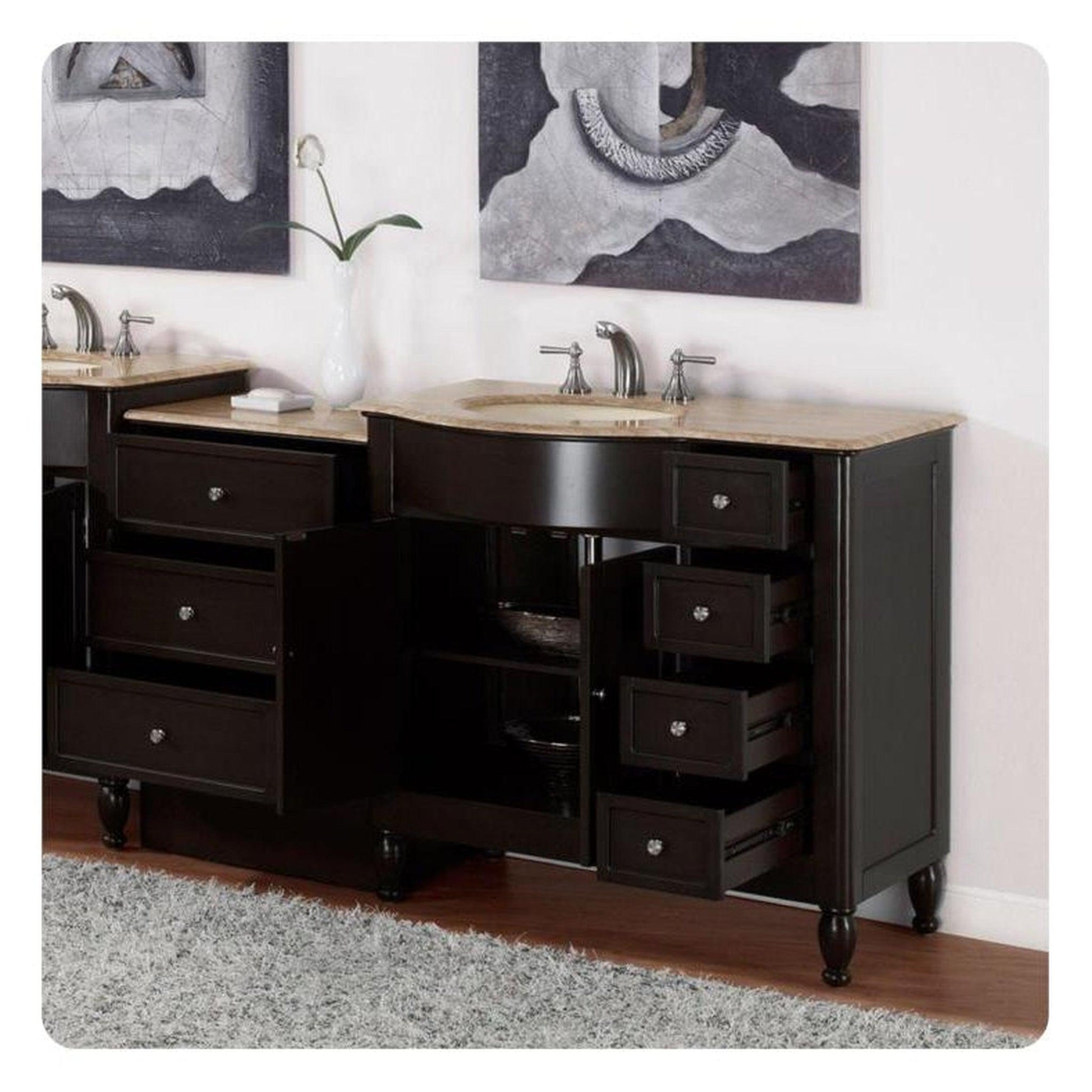 Silkroad Exclusive 58" Single Left Sink Dark Walnut Bathroom Modular Vanity With Travertine Countertop and Ivory Ceramic Undermount Sink