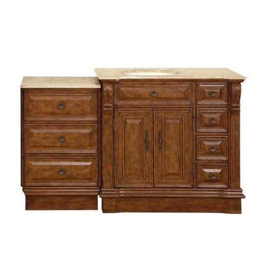 Silkroad Exclusive 58" Single Left Sink Walnut Modular Bathroom Vanity With Travertine Countertop and Ivory Ceramic Undermount Sink