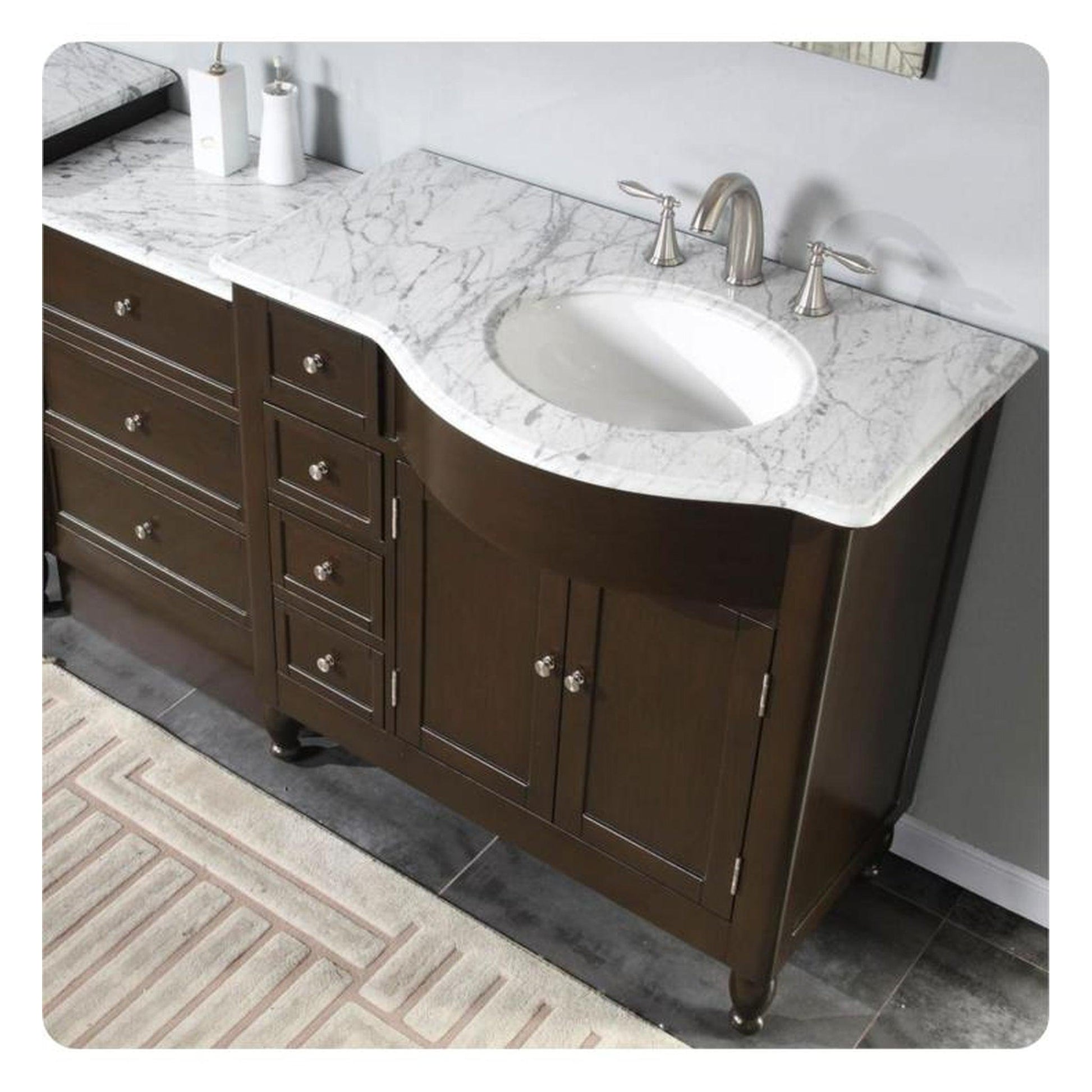 Silkroad Exclusive 58" Single Right Sink Dark Walnut Bathroom Modular Vanity With Carrara White Marble Countertop and White Ceramic Undermount Sink