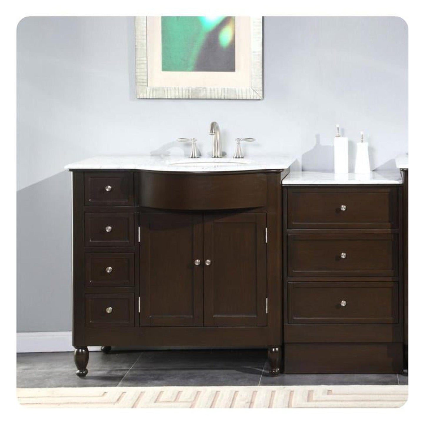 Silkroad Exclusive 58" Single Right Sink Dark Walnut Bathroom Modular Vanity With Carrara White Marble Countertop and White Ceramic Undermount Sink