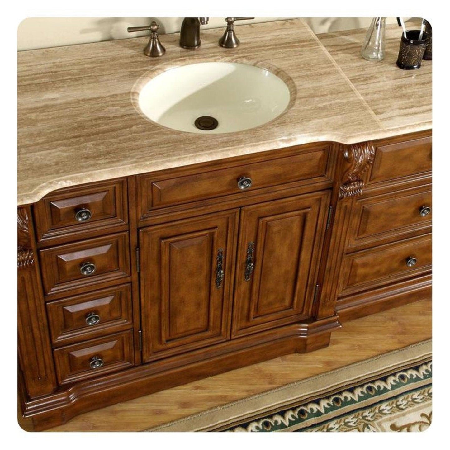 Silkroad Exclusive 58" Single Right Sink Walnut Modular Bathroom Vanity With Travertine Countertop and Ivory Ceramic Undermount Sink