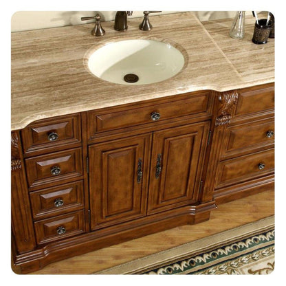 Silkroad Exclusive 58" Single Right Sink Walnut Modular Bathroom Vanity With Travertine Countertop and Ivory Ceramic Undermount Sink