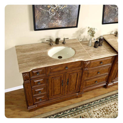 Silkroad Exclusive 58" Single Right Sink Walnut Modular Bathroom Vanity With Travertine Countertop and Ivory Ceramic Undermount Sink