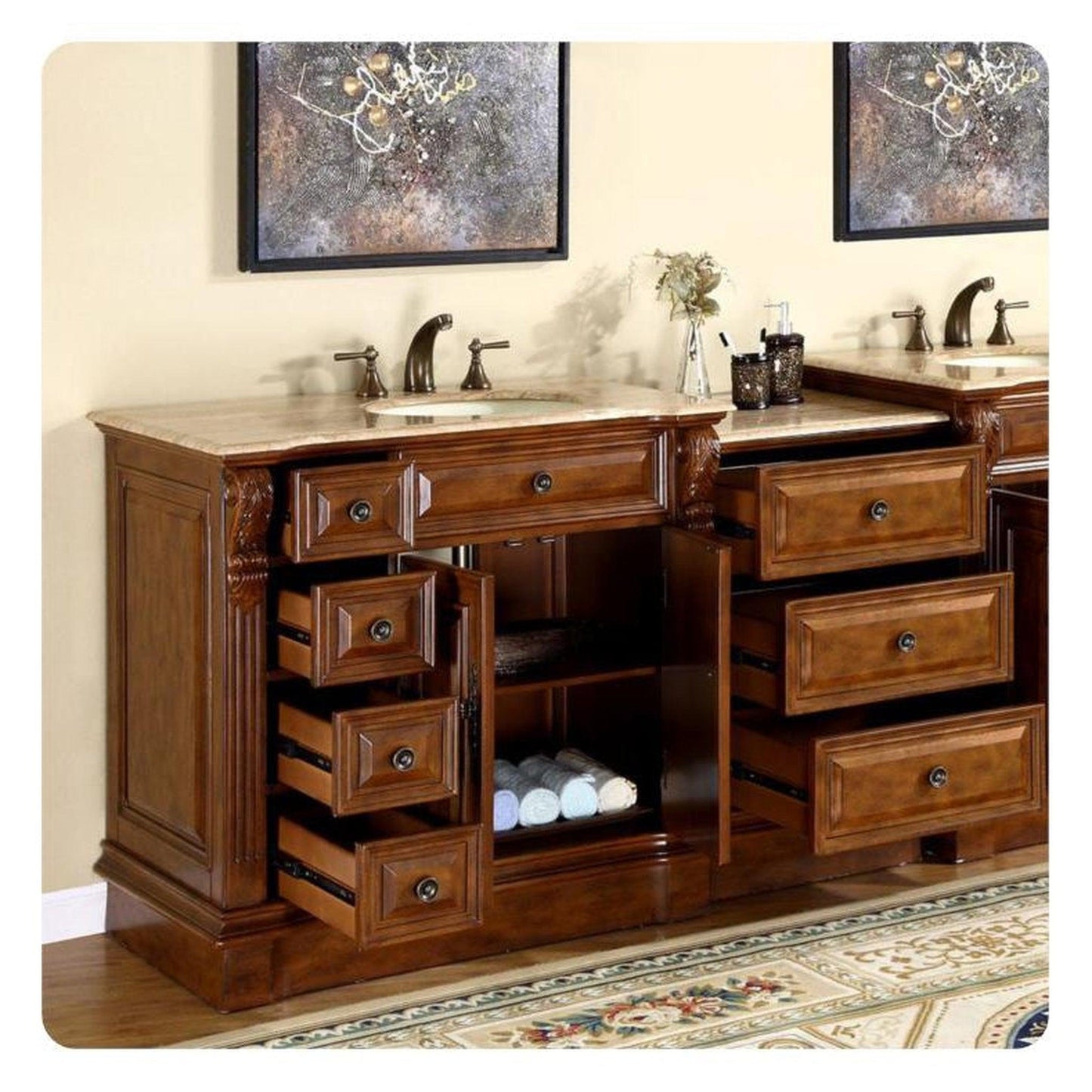 Silkroad Exclusive 58" Single Right Sink Walnut Modular Bathroom Vanity With Travertine Countertop and Ivory Ceramic Undermount Sink