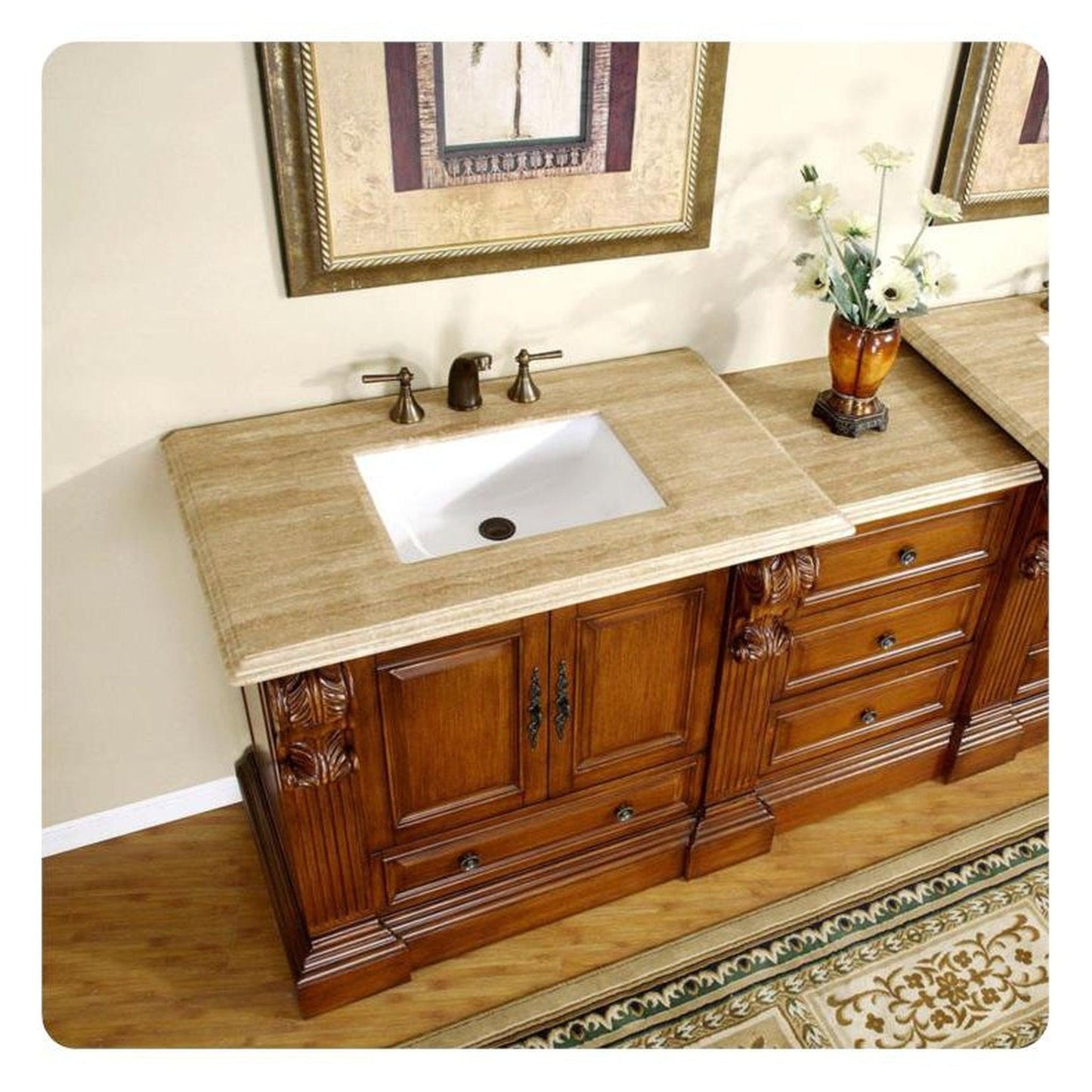 Silkroad Exclusive 58" Single Sink Cherry Modular Bathroom Vanity With Travertine Countertop and White Ceramic Undermount Sink