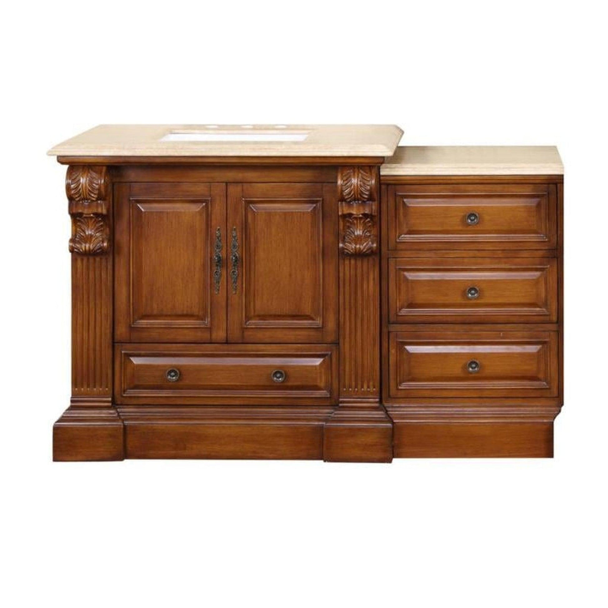 Silkroad Exclusive 58" Single Sink Cherry Modular Bathroom Vanity With Travertine Countertop and White Ceramic Undermount Sink