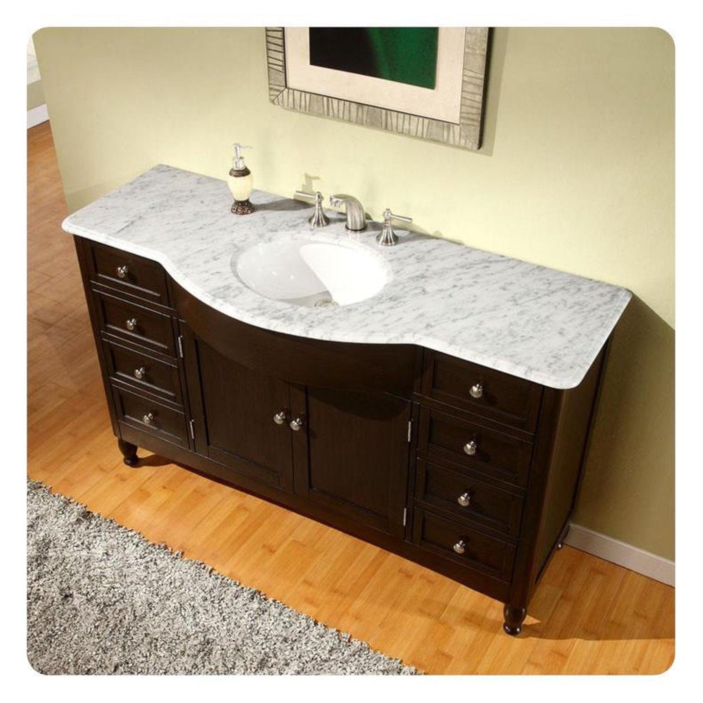 Silkroad Exclusive 58" Single Sink Dark Walnut Bathroom Vanity With Carrara White Marble Countertop and White Ceramic Undermount Sink