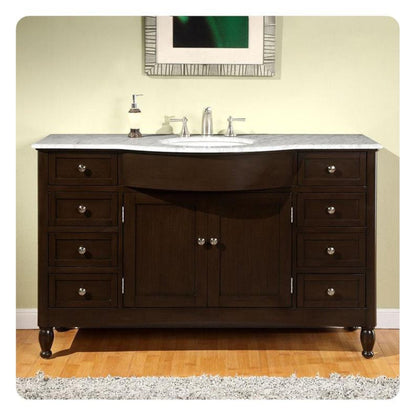 Silkroad Exclusive 58" Single Sink Dark Walnut Bathroom Vanity With Carrara White Marble Countertop and White Ceramic Undermount Sink