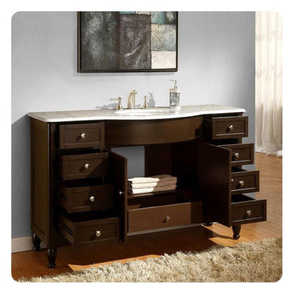 Silkroad Exclusive 58" Single Sink Dark Walnut Bathroom Vanity With Carrara White Marble Countertop and White Ceramic Undermount Sink