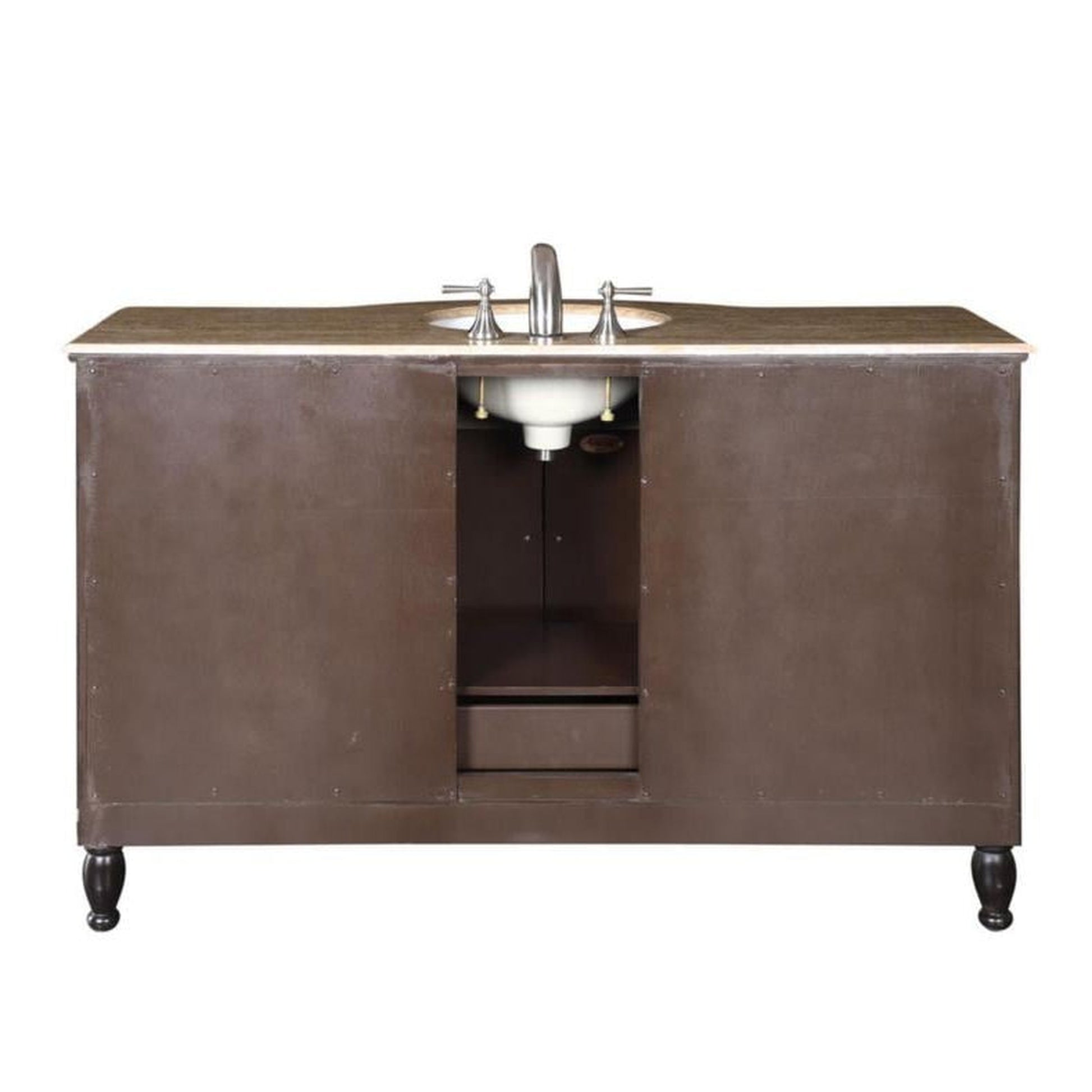 Silkroad Exclusive 58" Single Sink Dark Walnut Bathroom Vanity With Travertine Countertop and White Ceramic Undermount Sink