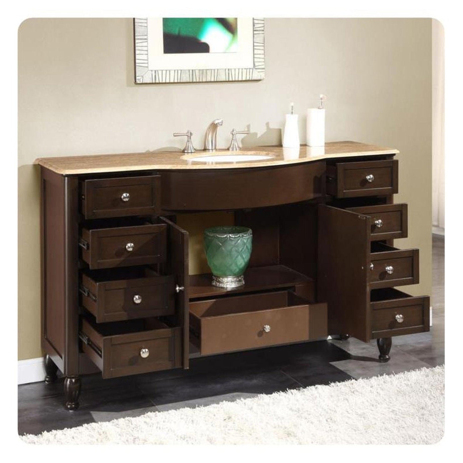 Silkroad Exclusive 58" Single Sink Dark Walnut Bathroom Vanity With Travertine Countertop and White Ceramic Undermount Sink