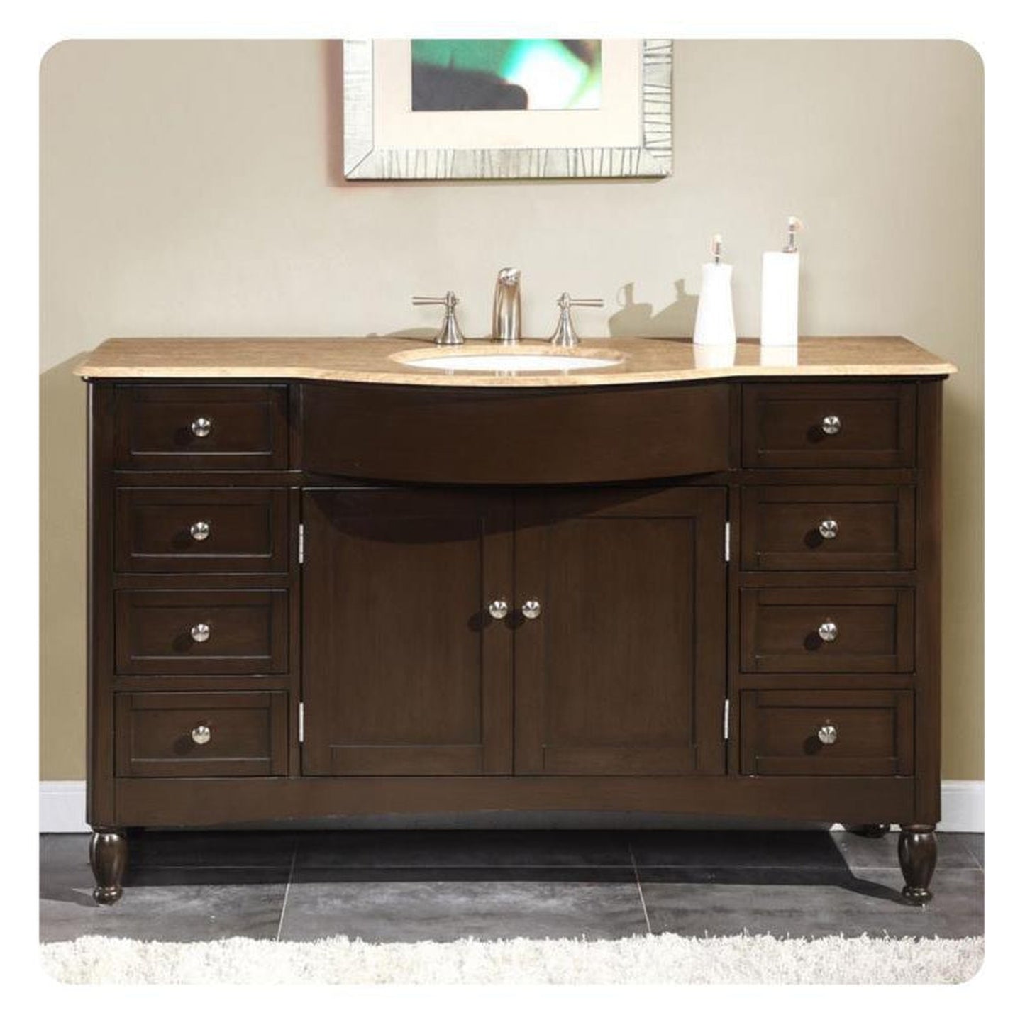 Silkroad Exclusive 58" Single Sink Dark Walnut Bathroom Vanity With Travertine Countertop and White Ceramic Undermount Sink