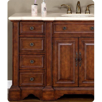 Silkroad Exclusive 59" Single Sink English Chestnut Bathroom Vanity With Crema Marfil Marble Countertop and White Ceramic Undermount Sink