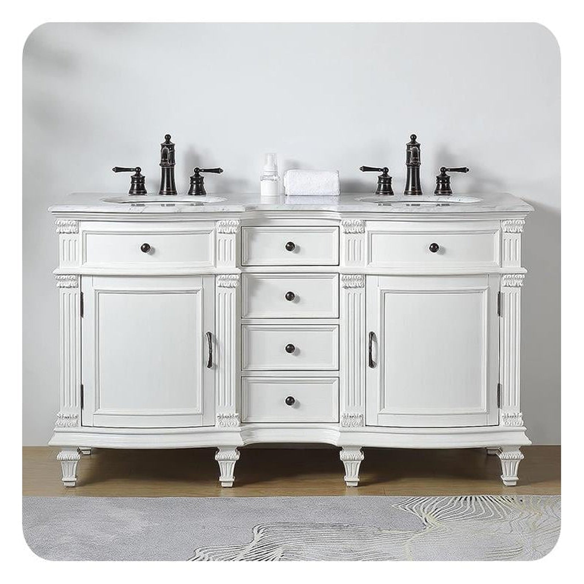 Silkroad Exclusive 60" Double Sink Antique White Bathroom Vanity With