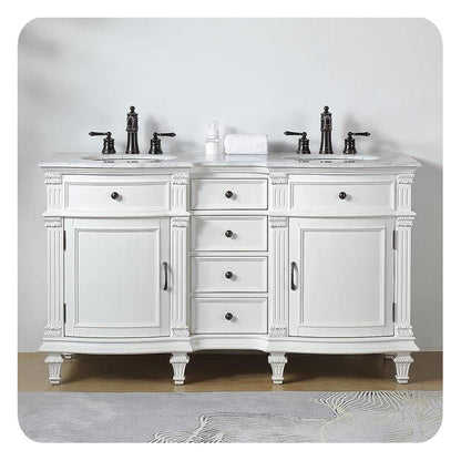 Silkroad Exclusive 60" Double Sink Antique White Bathroom Vanity With Carrara White Marble Countertop and White Ceramic Undermount Sink