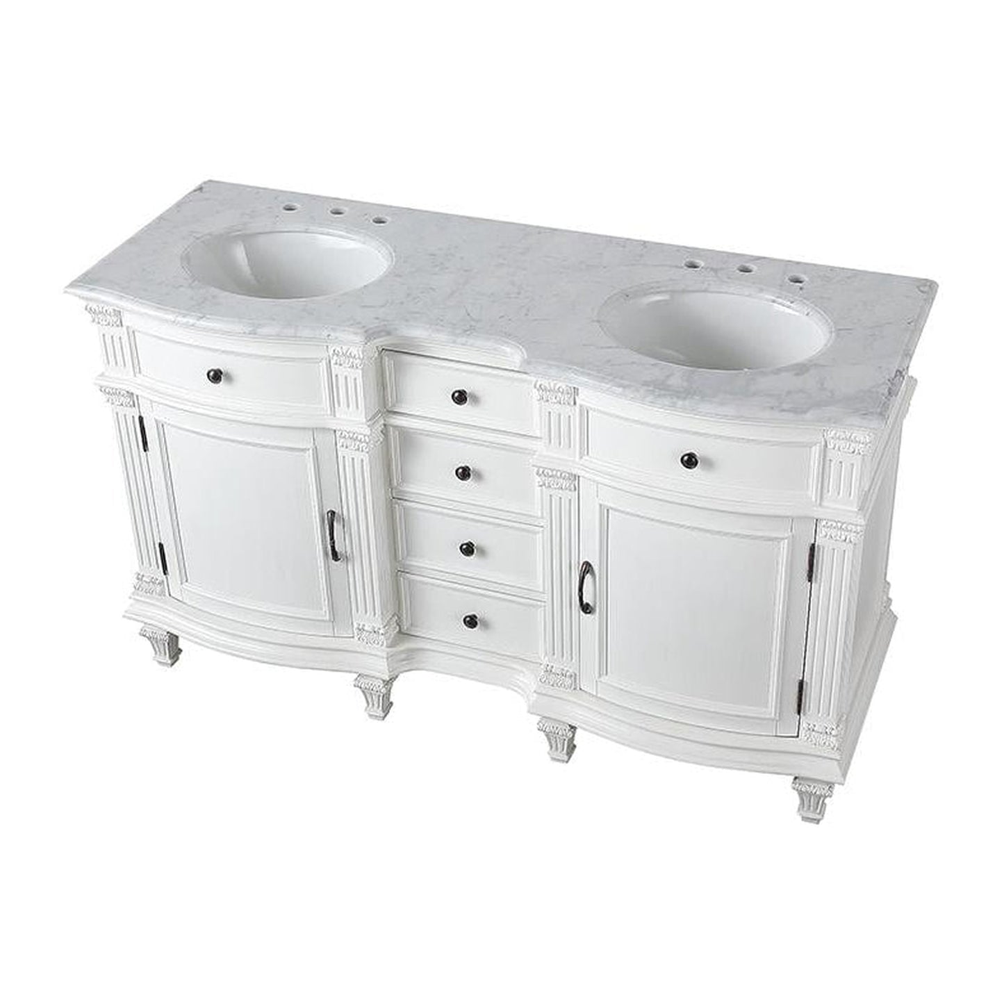 Silkroad Exclusive 60" Double Sink Antique White Bathroom Vanity With Carrara White Marble Countertop and White Ceramic Undermount Sink