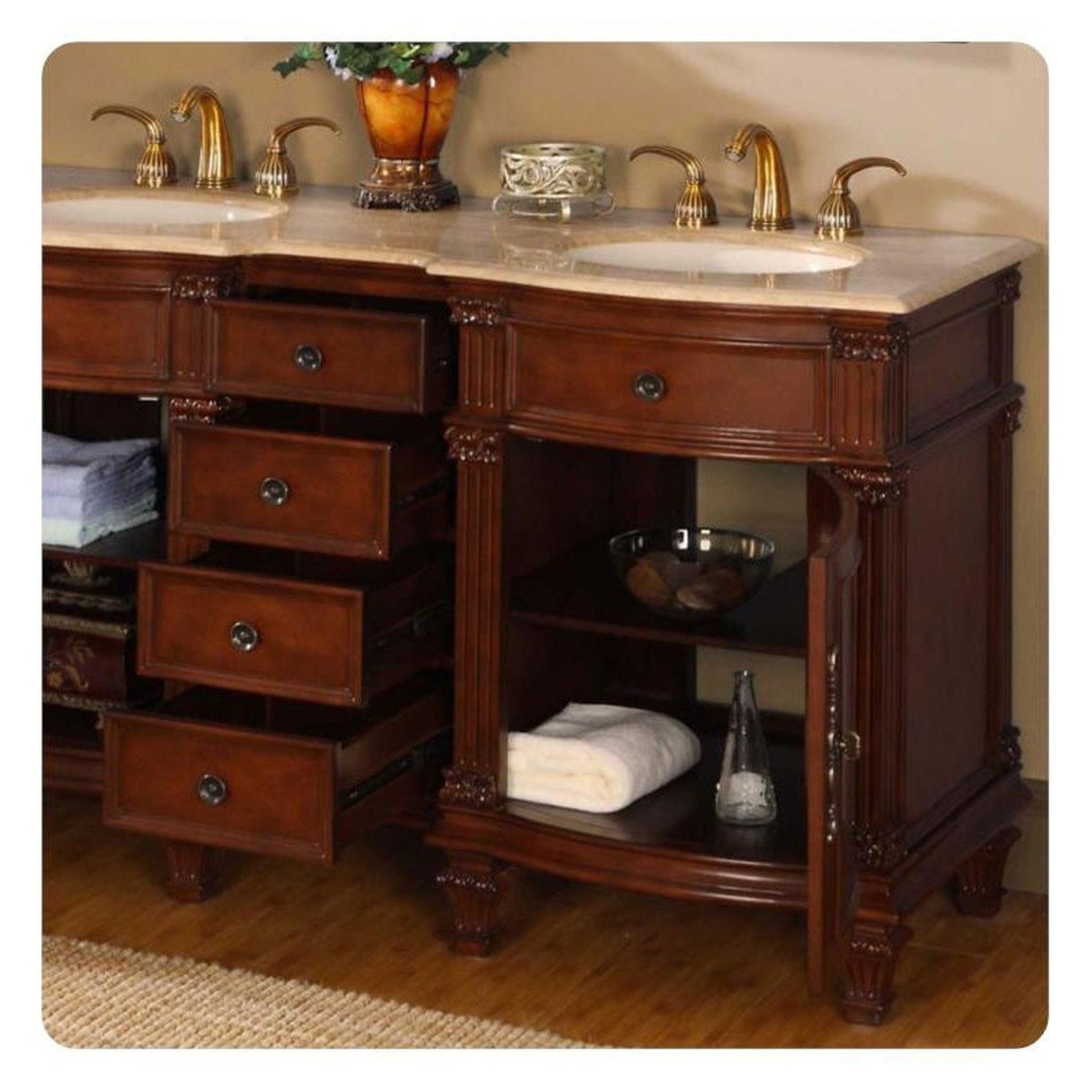 Silkroad Exclusive 60" Double Sink Brazilian Rosewood Bathroom Vanity With Travertine Countertop and Ivory Ceramic Undermount Sink