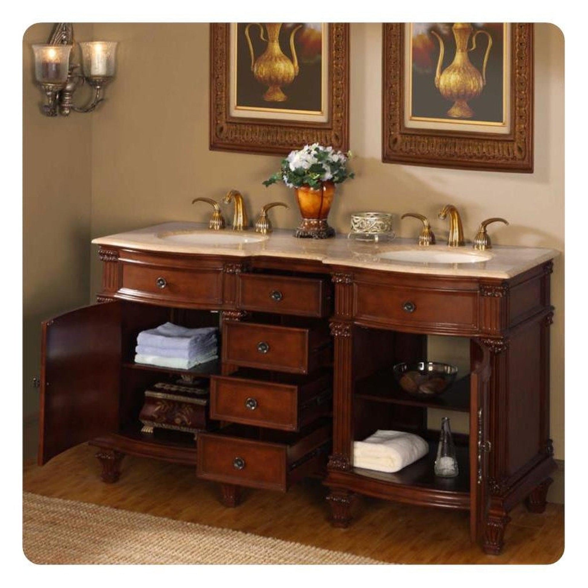 Silkroad Exclusive 60" Double Sink Brazilian Rosewood Bathroom Vanity With Travertine Countertop and Ivory Ceramic Undermount Sink