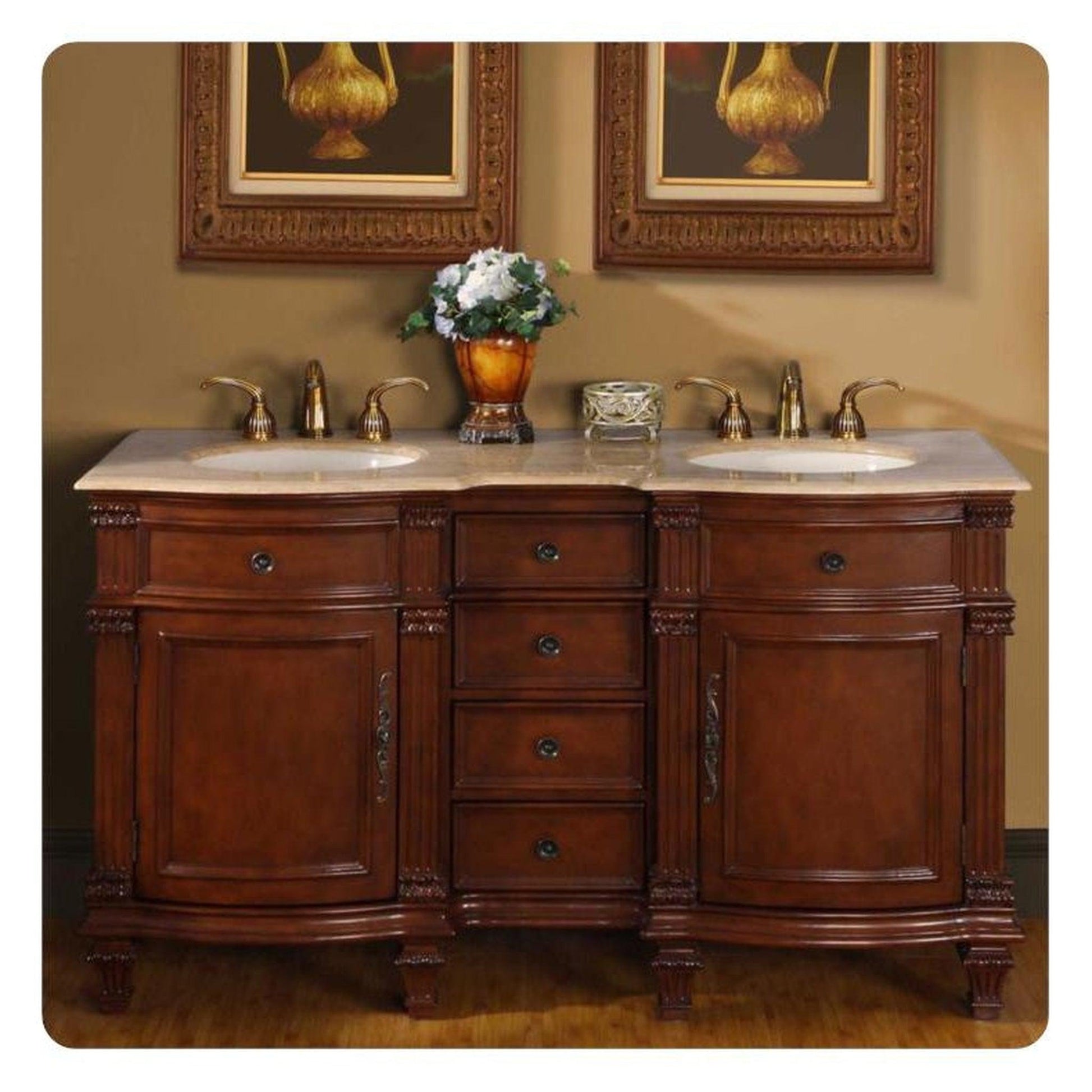 Silkroad Exclusive 60" Double Sink Brazilian Rosewood Bathroom Vanity With Travertine Countertop and Ivory Ceramic Undermount Sink