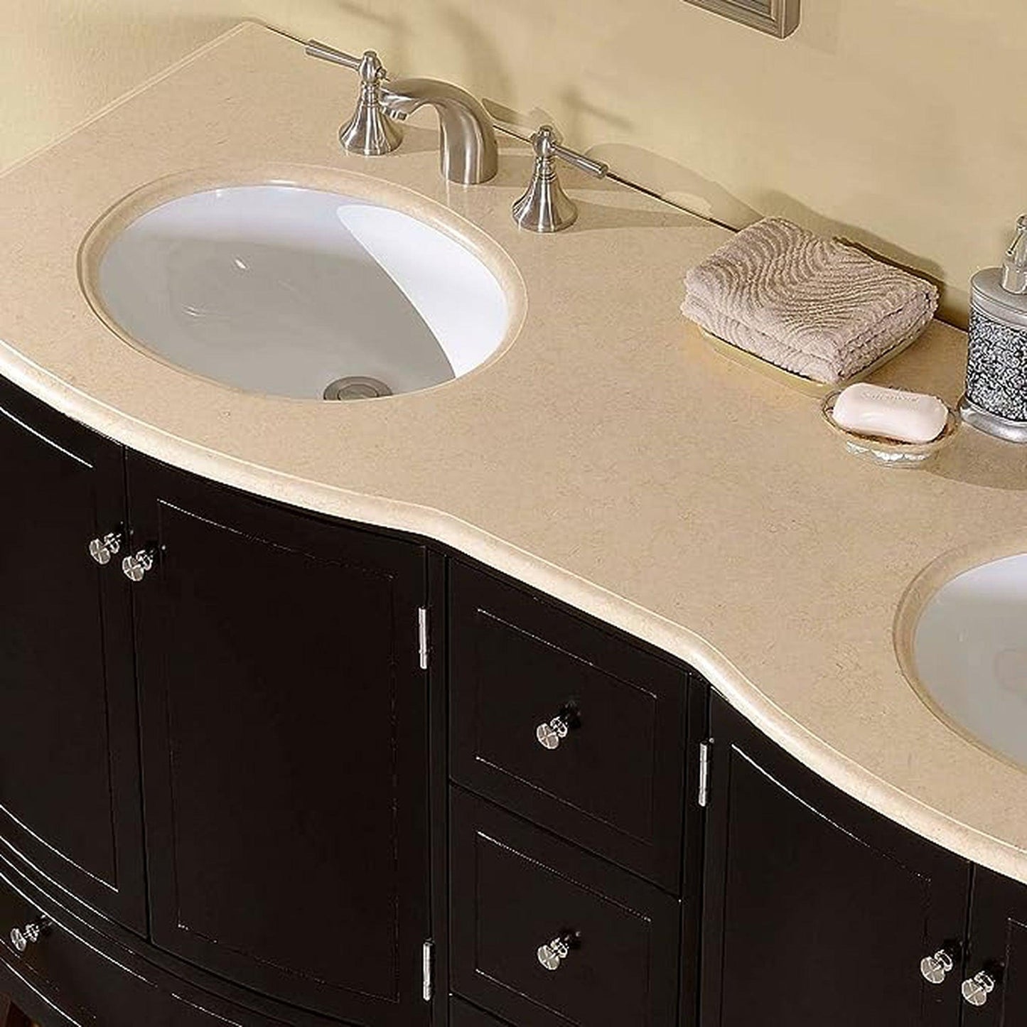 Silkroad Exclusive 60" Double Sink Dark Espresso Bathroom Vanity With Crema Marfil Marble Countertop and White Ceramic Undermount Sink