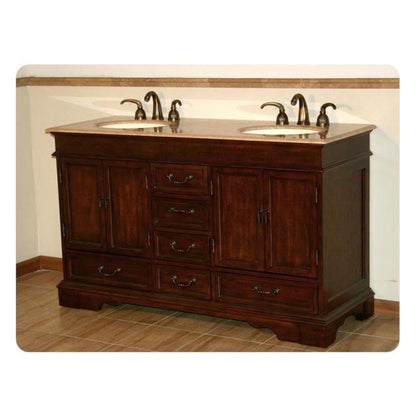 Silkroad Exclusive 60" Double Sink Red Chestnut Bathroom Vanity With Travertine Countertop and Ivory Ceramic Undermount Sink