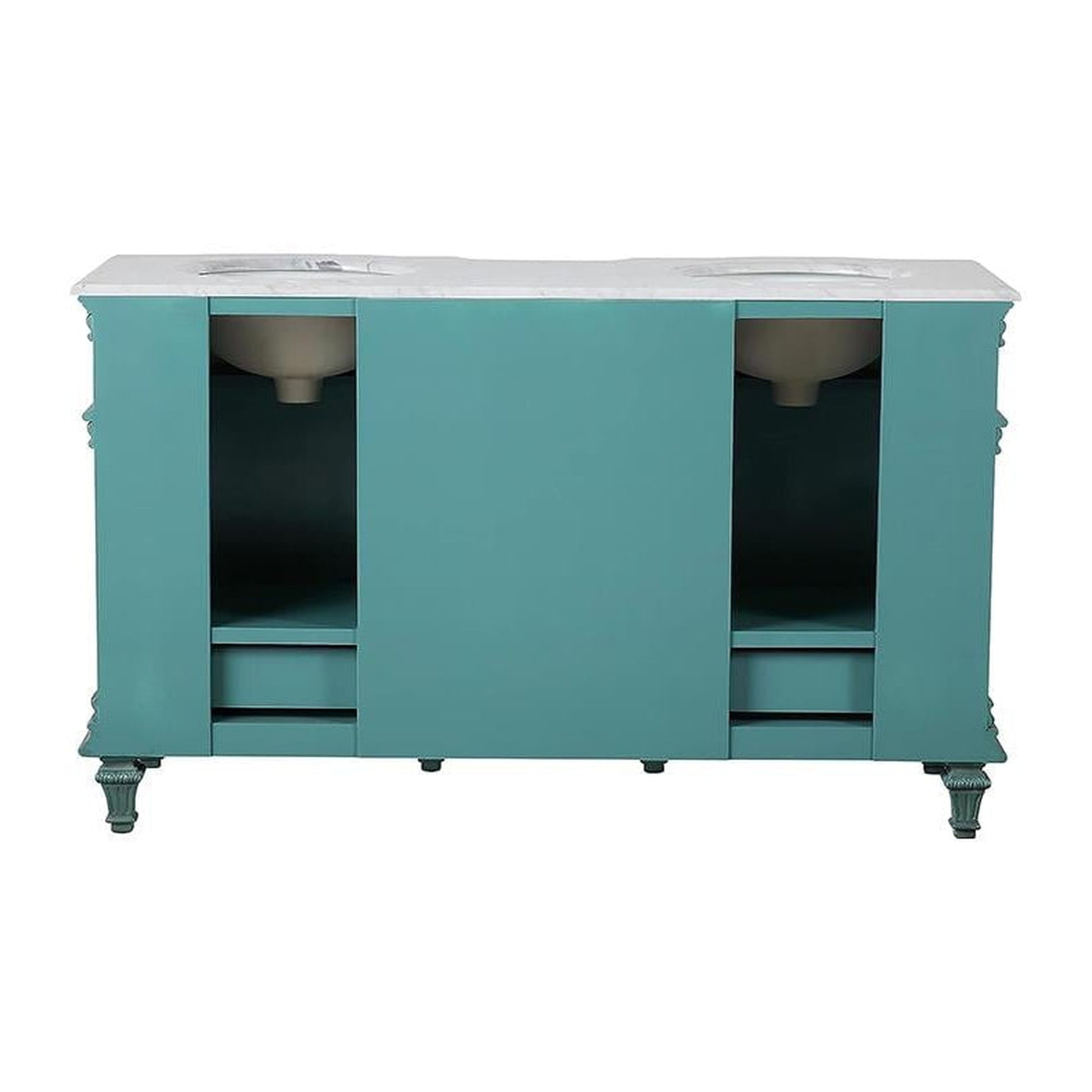 Silkroad Exclusive 60" Double Sink Retro Green Bathroom Vanity With Carrara White Marble Countertop and White Ceramic Undermount Sink