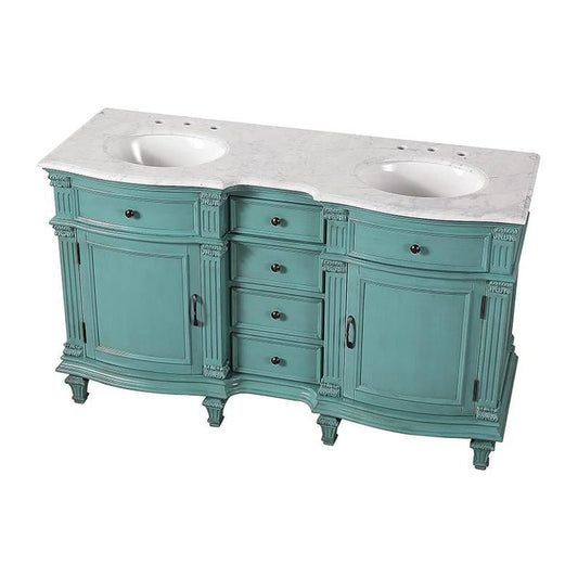Silkroad Exclusive 60" Double Sink Retro Green Bathroom Vanity With Carrara White Marble Countertop and White Ceramic Undermount Sink