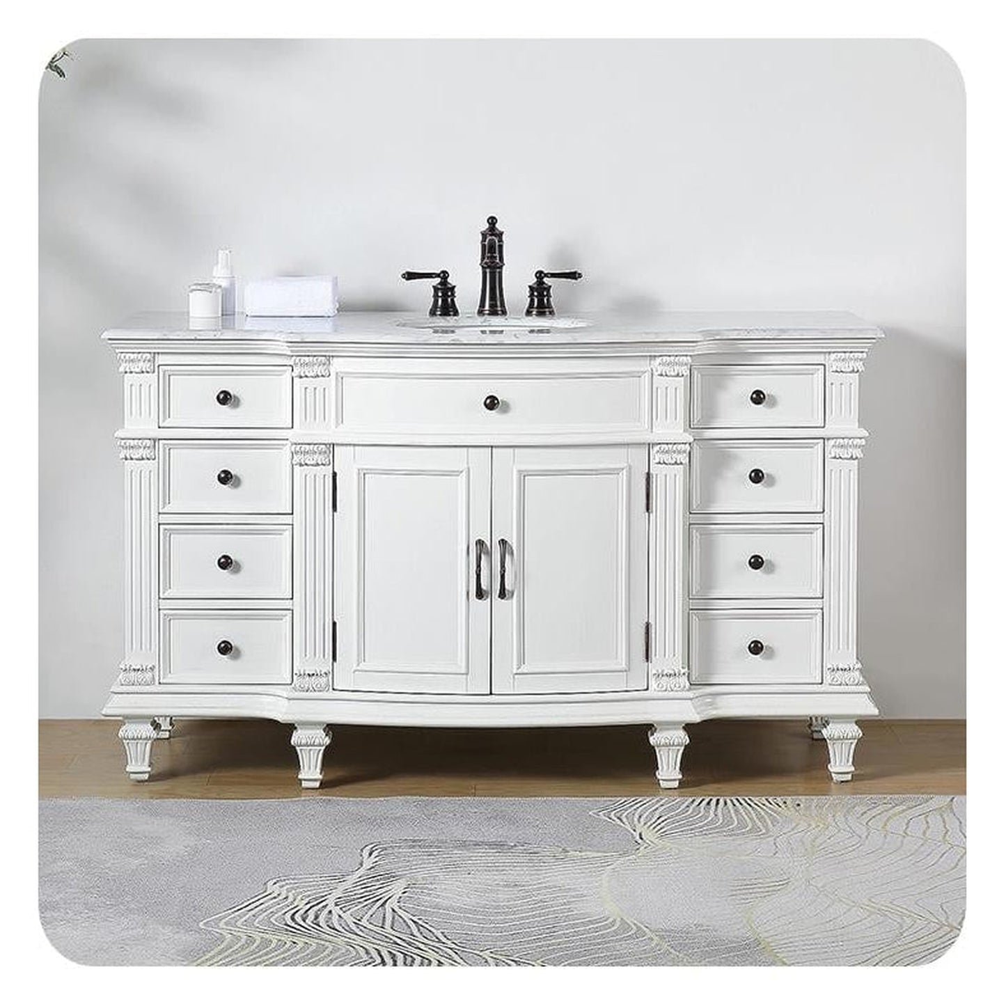 Silkroad Exclusive 60" Single Sink Antique White Bathroom Vanity With Carrara White Marble Countertop and White Ceramic Undermount Sink