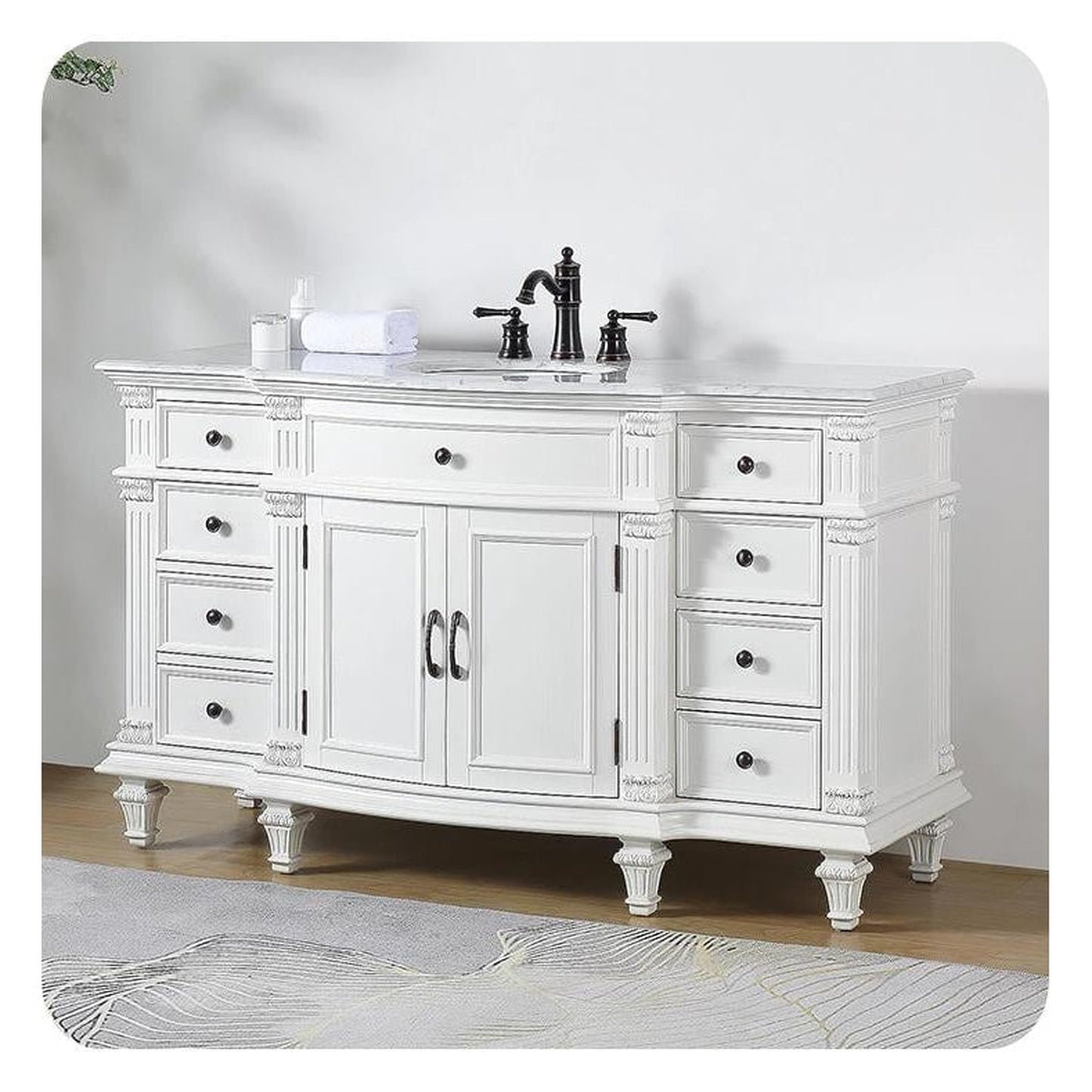 Silkroad Exclusive 60" Single Sink Antique White Bathroom Vanity With Carrara White Marble Countertop and White Ceramic Undermount Sink