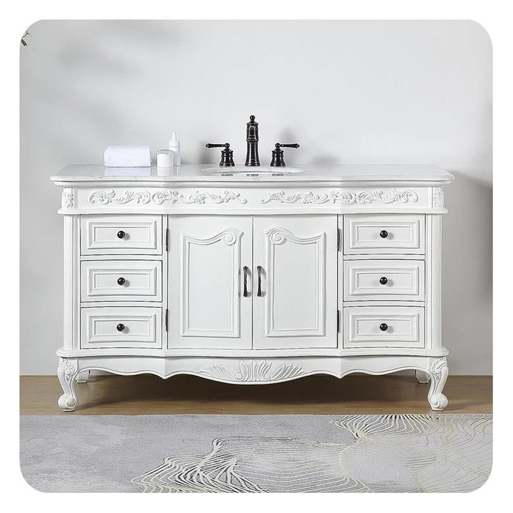 Silkroad Exclusive 60" Single Sink Antique White Bathroom Vanity With Carrara White Marble Countertop and White Ceramic Undermount Sink