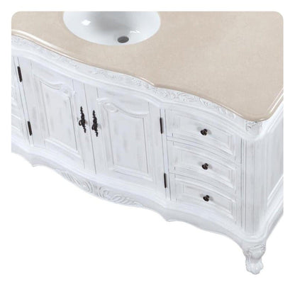 Silkroad Exclusive 60" Single Sink Antique White Bathroom Vanity With Crema Marfil Marble Countertop and White Ceramic Undermount Sink