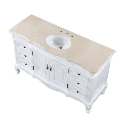 Silkroad Exclusive 60" Single Sink Antique White Bathroom Vanity With Crema Marfil Marble Countertop and White Ceramic Undermount Sink