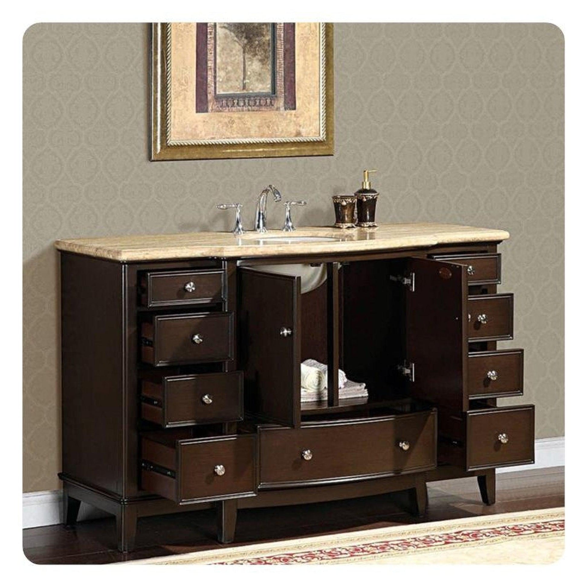 Silkroad Exclusive 60" Single Sink Dark Walnut Bathroom Vanity With Travertine Countertop and White Ceramic Undermount Sink