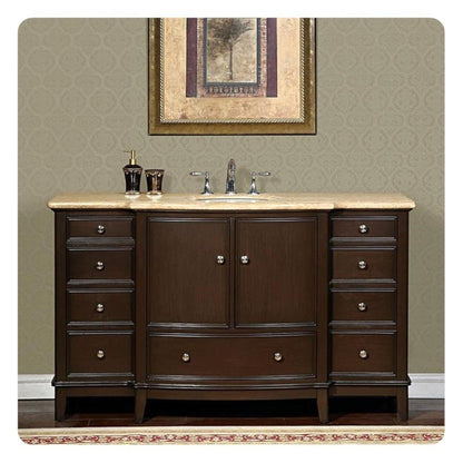 Silkroad Exclusive 60" Single Sink Dark Walnut Bathroom Vanity With Travertine Countertop and White Ceramic Undermount Sink