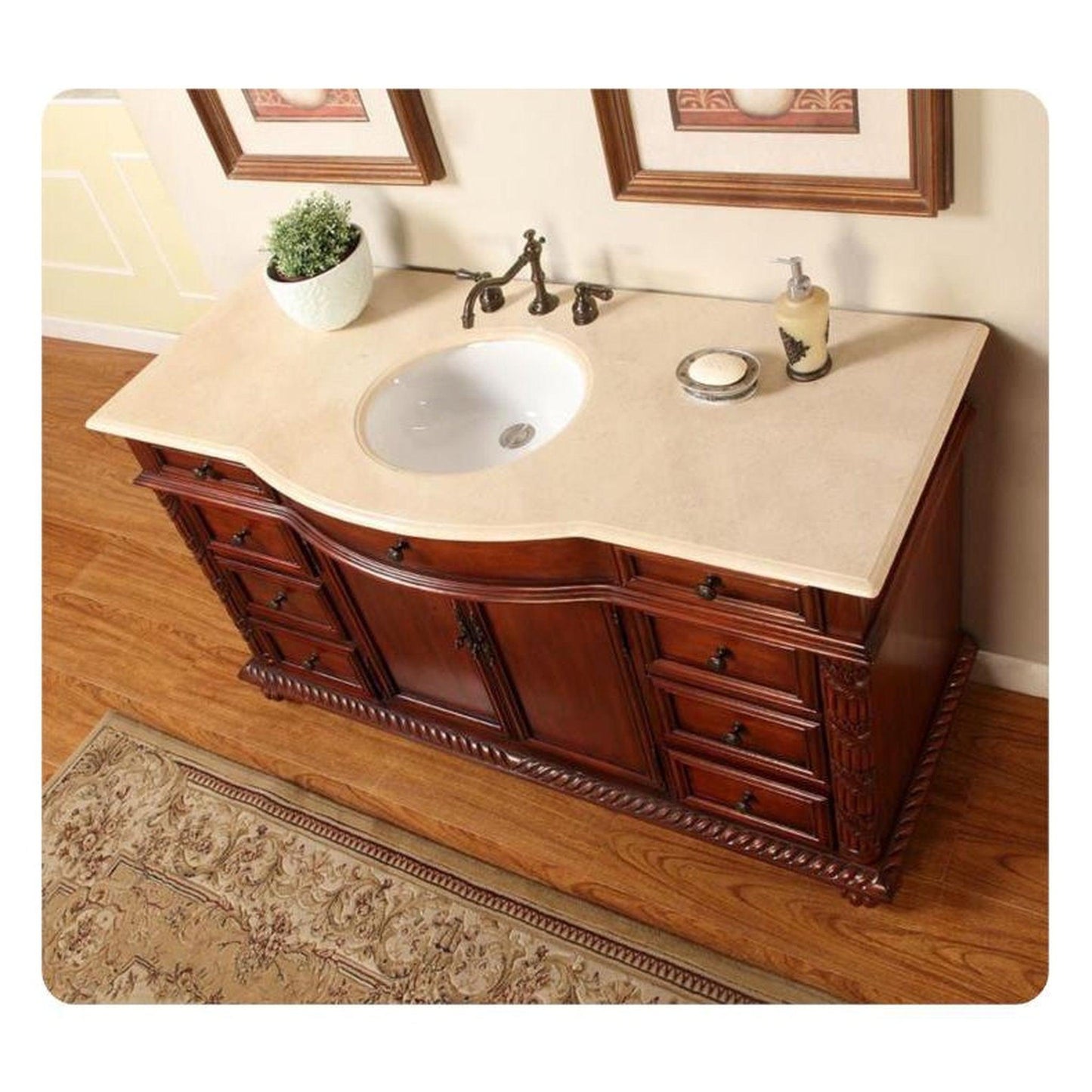 Silkroad Exclusive 60" Single Sink Red Chestnut Bathroom Vanity With Crema Marfil Marble Countertop and White Ceramic Undermount Sink
