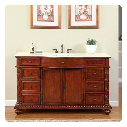 Silkroad Exclusive 60" Single Sink Red Chestnut Bathroom Vanity With Crema Marfil Marble Countertop and White Ceramic Undermount Sink