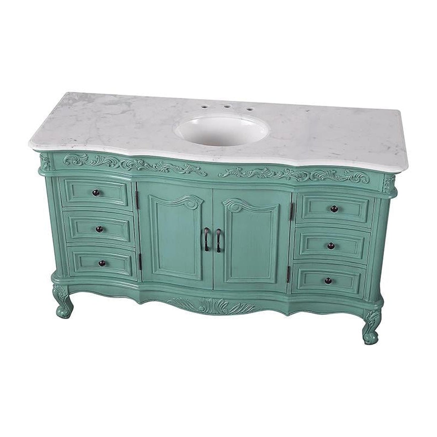 Silkroad Exclusive 60" Single Sink Vintage Green Bathroom Vanity With Carrara White Marble Countertop and White Ceramic Undermount Sink