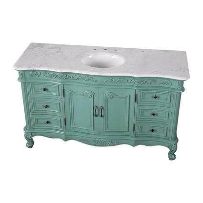 Silkroad Exclusive 60" Single Sink Vintage Green Bathroom Vanity With Carrara White Marble Countertop and White Ceramic Undermount Sink